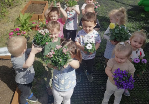 Dzieci z Klubu Dziecięcego "Niedźwiadek" podczas zajęć ogrodniczych.