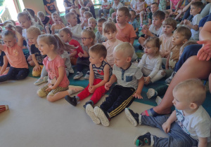 Niedźwiadki wraz z dziećmi z przedszkola z zaciekawieniem oglądające występ artysty.
